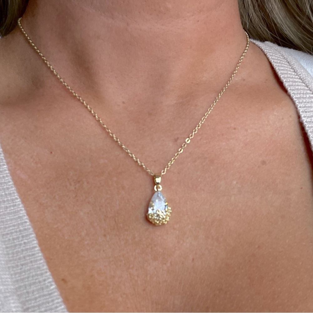 Crystal Pendant Necklace Gold Floral Accents